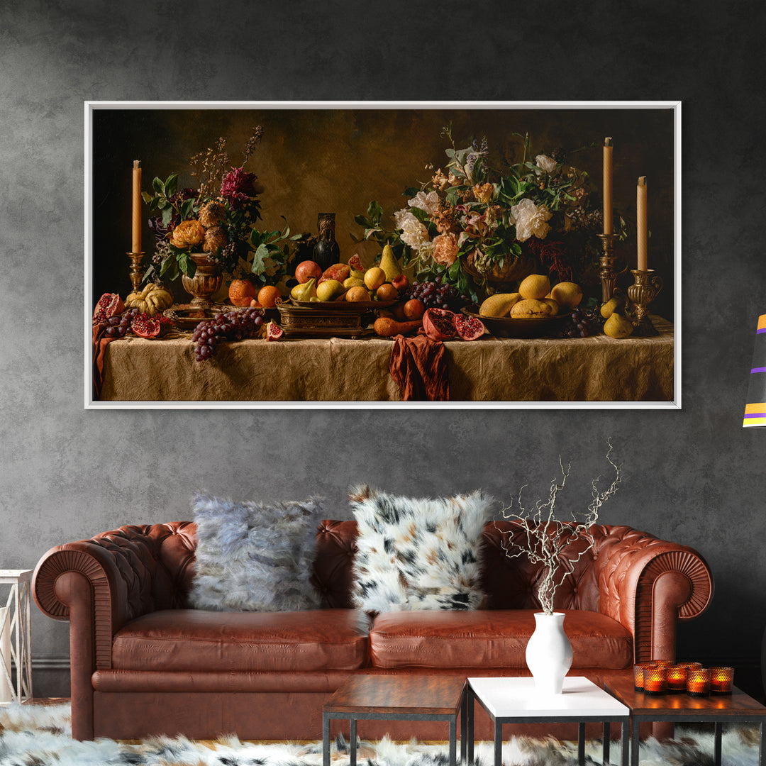 Lavish Banquet Fruit Composition Framed Canvas Print, Baroque Art, Neutral Decor, Living Room Decor, Fine Art, Ornate, BAO-2x1-16