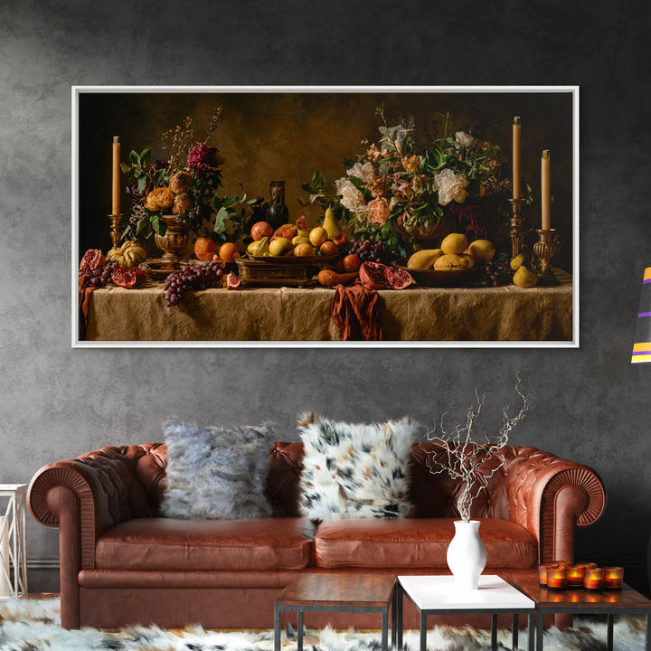 Lavish Banquet Fruit Composition Framed Canvas Print, Baroque Art, Neutral Decor, Living Room Decor, Fine Art, Ornate, BAO-2x1-16