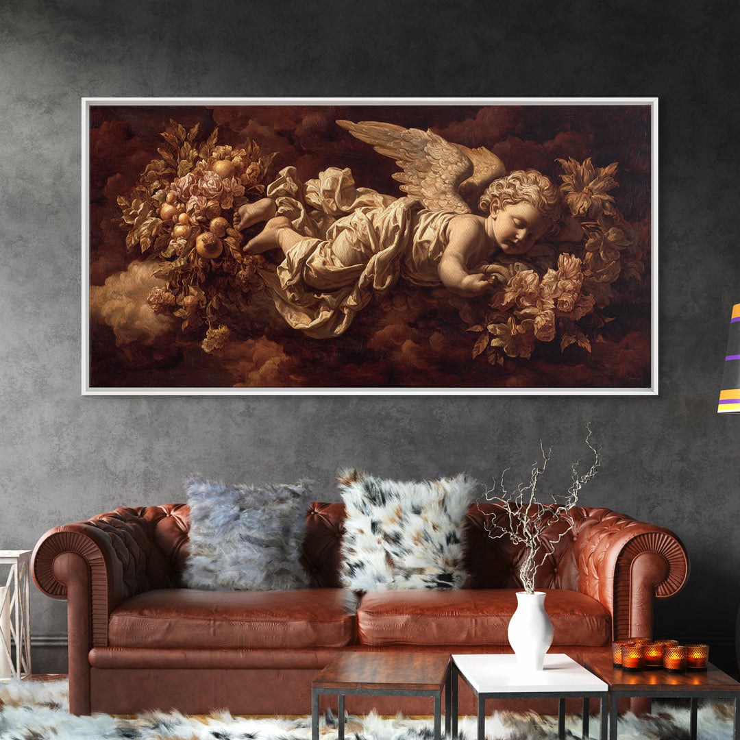 Ornate Cherub Figure Surrounded by Clouds and Canvas Print, Baroque Art, Art Nouveau Decor, Living Room Decor, Fine Art, Ornate, BAO-2x1-22