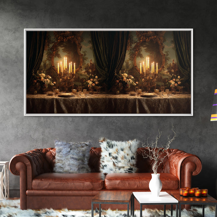 Velvet Drapery with Pearls Flowers and Candlelight Framed Canvas Print, Baroque Art, Wall Art, Living Room Decor, BAO-2x1-23