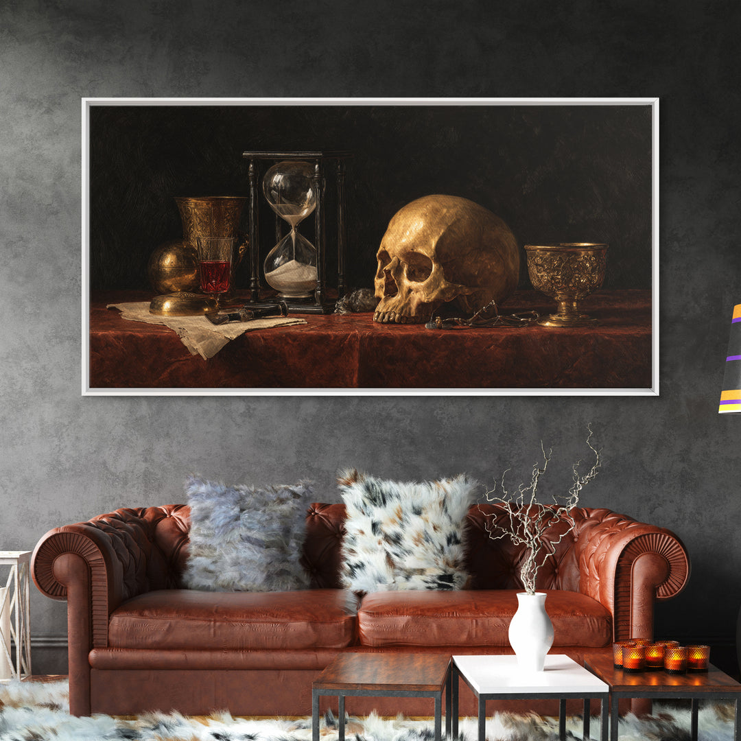 Skull and Hourglass Vanitas Still Life Framed Canvas Print, Baroque Art, Neutral Decor, Living Room Decor, Fine Art, Ornate, BAO-2x1-25