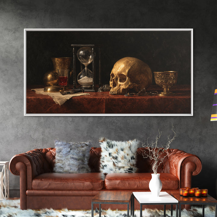 Skull and Hourglass Vanitas Still Life Framed Canvas Print, Baroque Art, Neutral Decor, Living Room Decor, Fine Art, Ornate, BAO-2x1-25