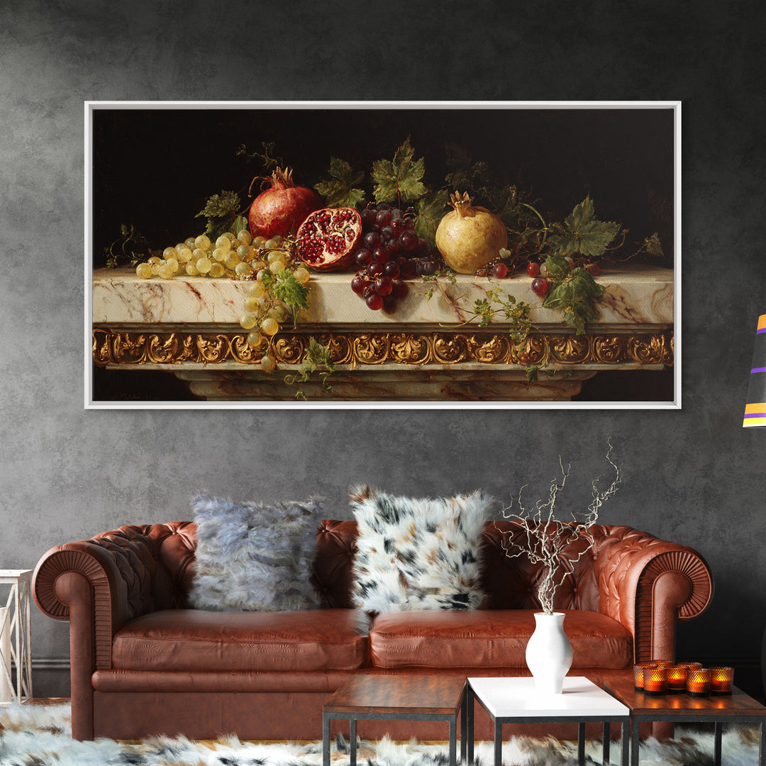 Pomegranate and Grapes on a Marble Ledge Framed Canvas Print, Baroque Art, Textured Painting, Living Room Decor, Ornate, BAO-2x1-28