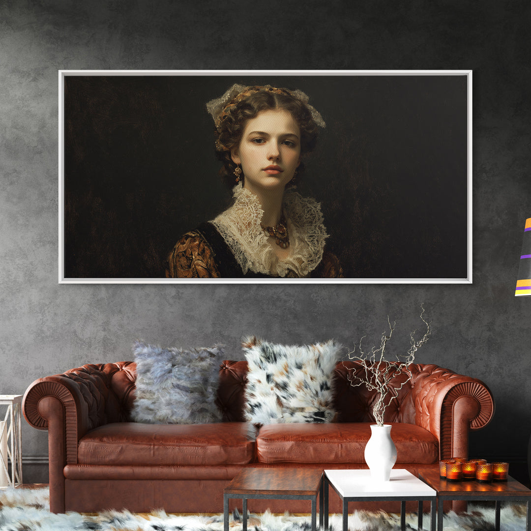 Classical Portrait with Lace Collar and Jewel Framed Canvas Print, Baroque Art, Oil Painting, Living Room Decor, Ornate, BAO-2x1-3