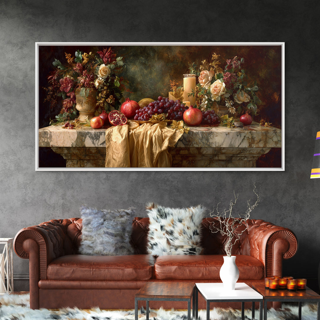 Pomegranate and Grapes on a Marble Ledge Canvas Print, Baroque Art, Statement Artwork, Living Room Decor, Fine Art, Ornate, BAO-2x1-4