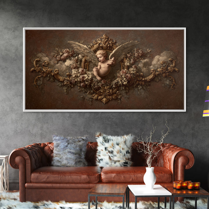 Ornate Cherub Figure Surrounded by Clouds and Framed Canvas Print, Baroque Art, Neutral Decor, Living Room Decor, Ornate, BAO-2x1-46