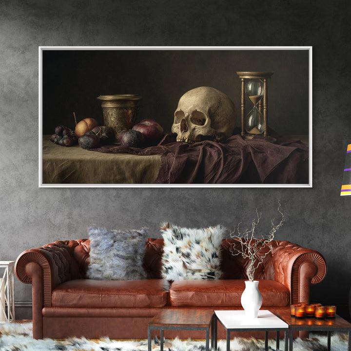 Skull and Hourglass Vanitas Still Life Canvas Print, Baroque Art, Luxury Decor, Living Room Decor, Ornate, Oil Painting, BAO-2x1-49