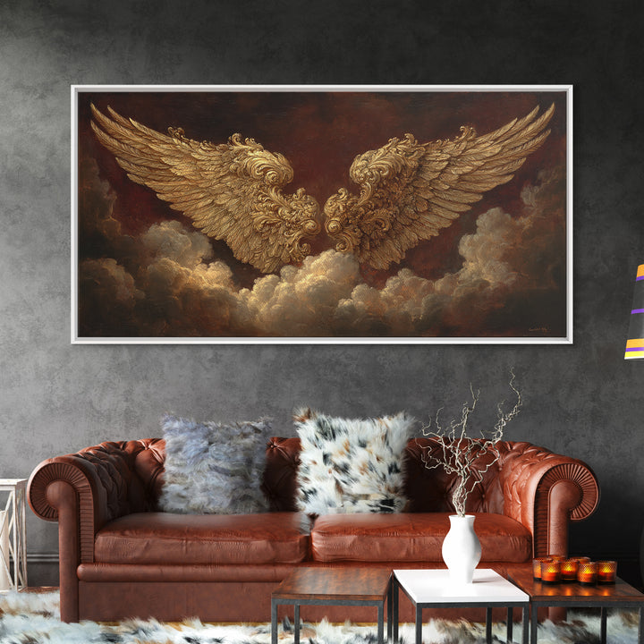 Gilded Angel Wings Emerging from Storm Clouds Framed Canvas Print, Baroque Art, Modern Decor, Living Room Decor, Ornate, BAO-2x1-50