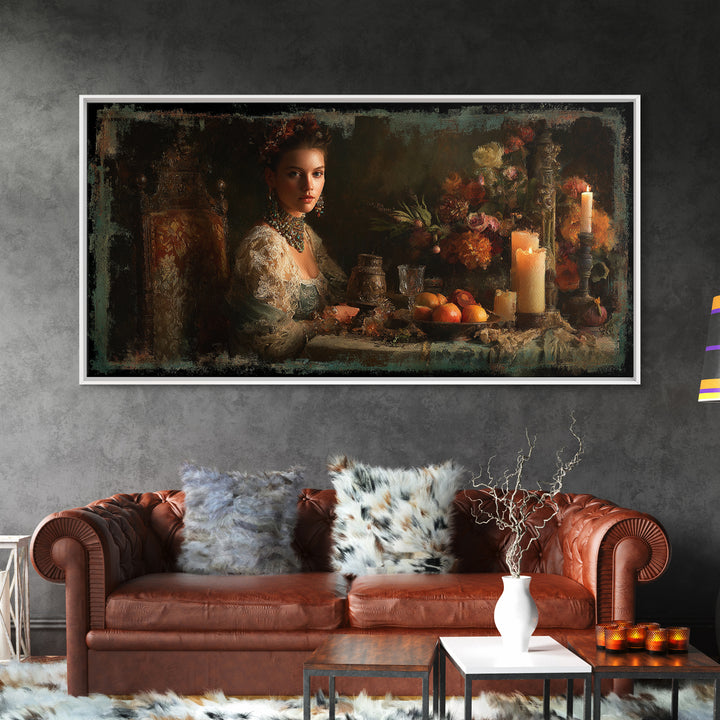 Classical Portrait with Lace Collar and Jewel Framed Canvas Print, Baroque Art, Oil Painting, Living Room Decor, Ornate, BAO-2x1-51