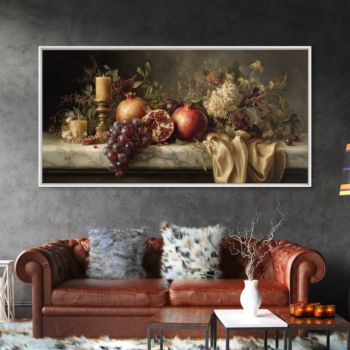 Pomegranate and Grapes on a Marble Ledge Canvas Print, Baroque Art, Art, Living Room Decor, Fine Art, Ornate, Modern Wall Art, BAO-2x1-52