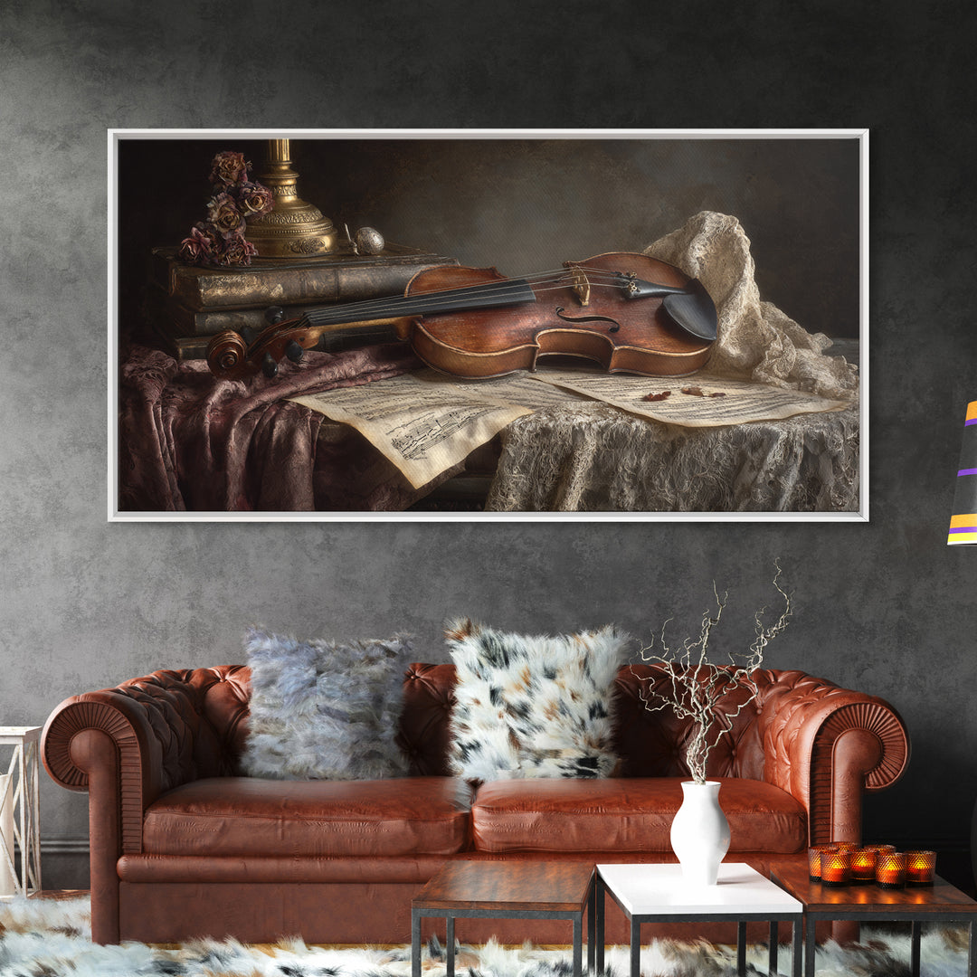 Baroque Violin and Sheet Music Still Life Framed Canvas Print, Baroque Art, Digital Wall Art, Living Room Decor, Ornate, BAO-2x1-55