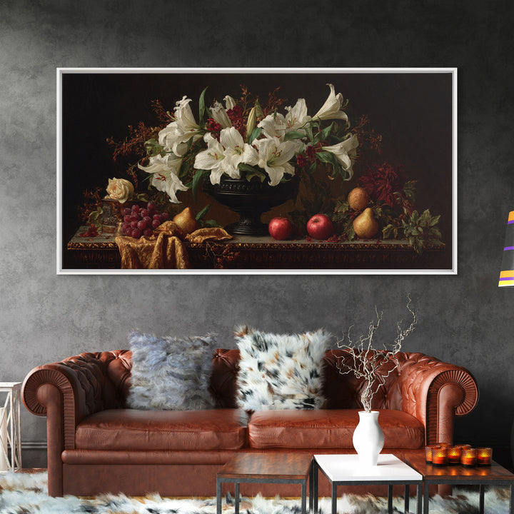 Dramatic White Lilies Framed Canvas Print, Baroque Art, Painting, Living Room Decor, Fine Art, Ornate, Living Room Wall Art, BAO-2x1-56