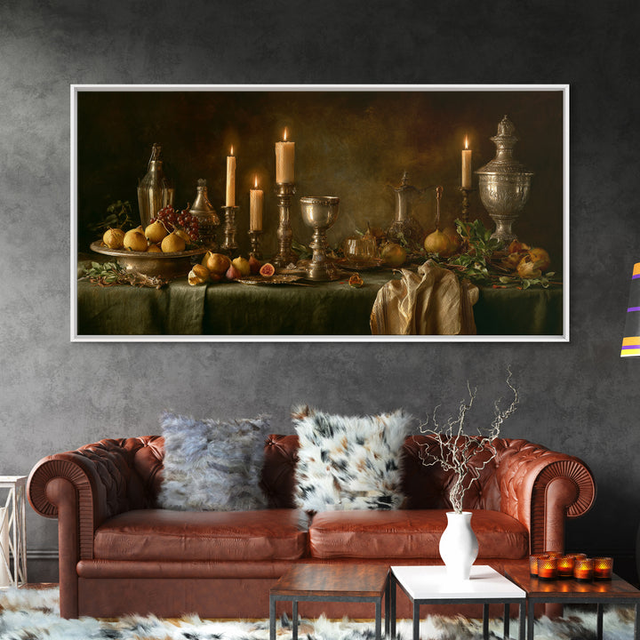 Candlelit Table with Silver Goblet and Figs Canvas Print, Baroque Art, Fine Art Print, Living Room Decor, Fine Art, Ornate, BAO-2x1-57