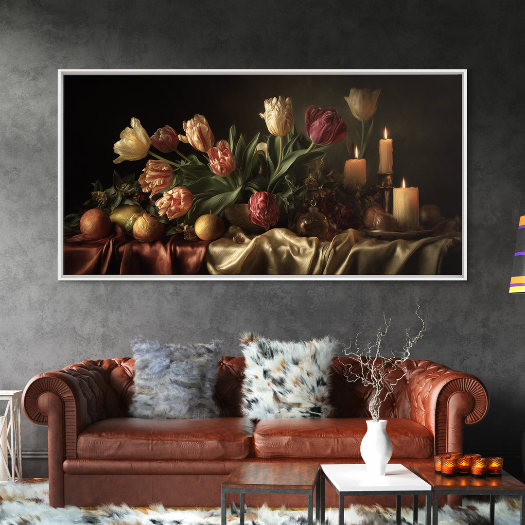 Black Background Tulips Framed Canvas Print, Baroque Art, Decor, Living Room Decor, Oil Painting, Ornate, Moody Wall Art, BAO-2x1-60