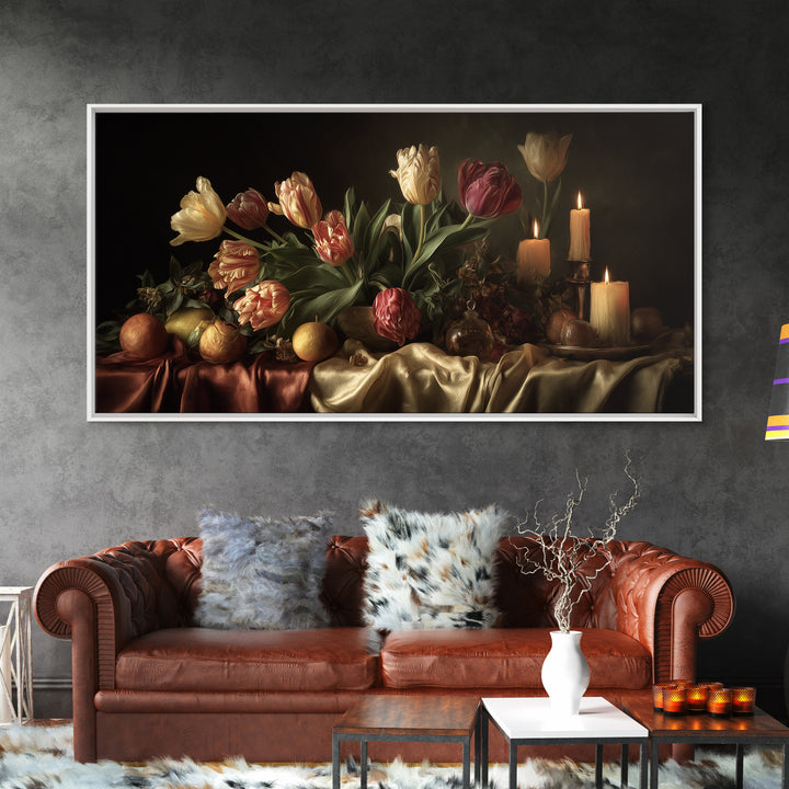 Black Background Tulips Framed Canvas Print, Baroque Art, Decor, Living Room Decor, Oil Painting, Ornate, Moody Wall Art, BAO-2x1-60