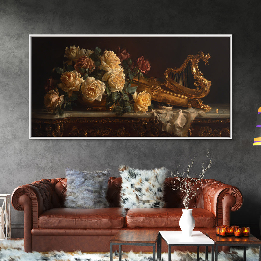 Golden Harp and Roses Canvas Print, Baroque Art, Gallery Decor, Living Room Decor, Oil Painting, Ornate, Minimalist Decor, BAO-2x1-62