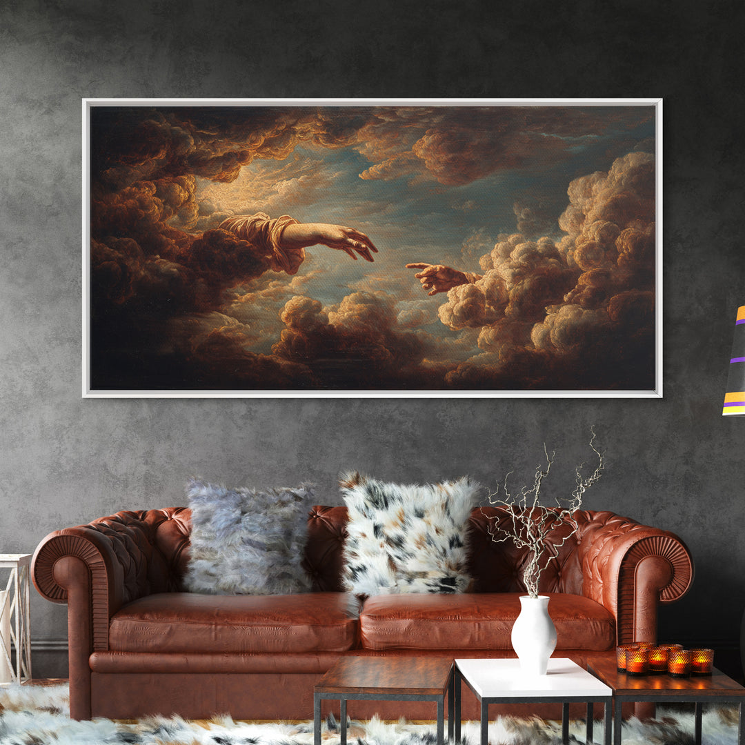 Angelic Hand Reaching Through Clouds Framed Canvas Print, Baroque Art, Boho Decor, Living Room Decor, Abstract Art, Ornate, BAO-2x1-65