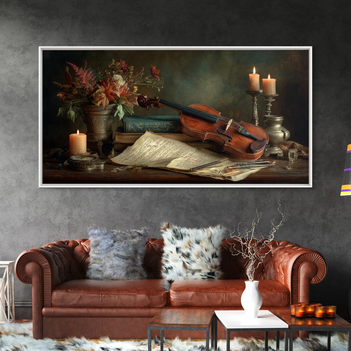 Baroque Violin and Sheet Music Still Life Framed Canvas Print, Baroque Art, Textured Painting, Living Room Decor, Ornate, BAO-2x1-7