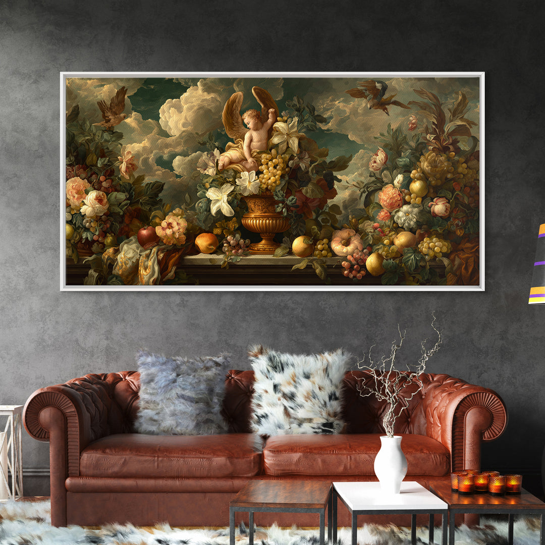 Ornate Cherub Figure Surrounded by Clouds and Canvas Print, Baroque Art, Luxury Decor, Living Room Decor, Fine Art, Ornate, BAO-2x1-70