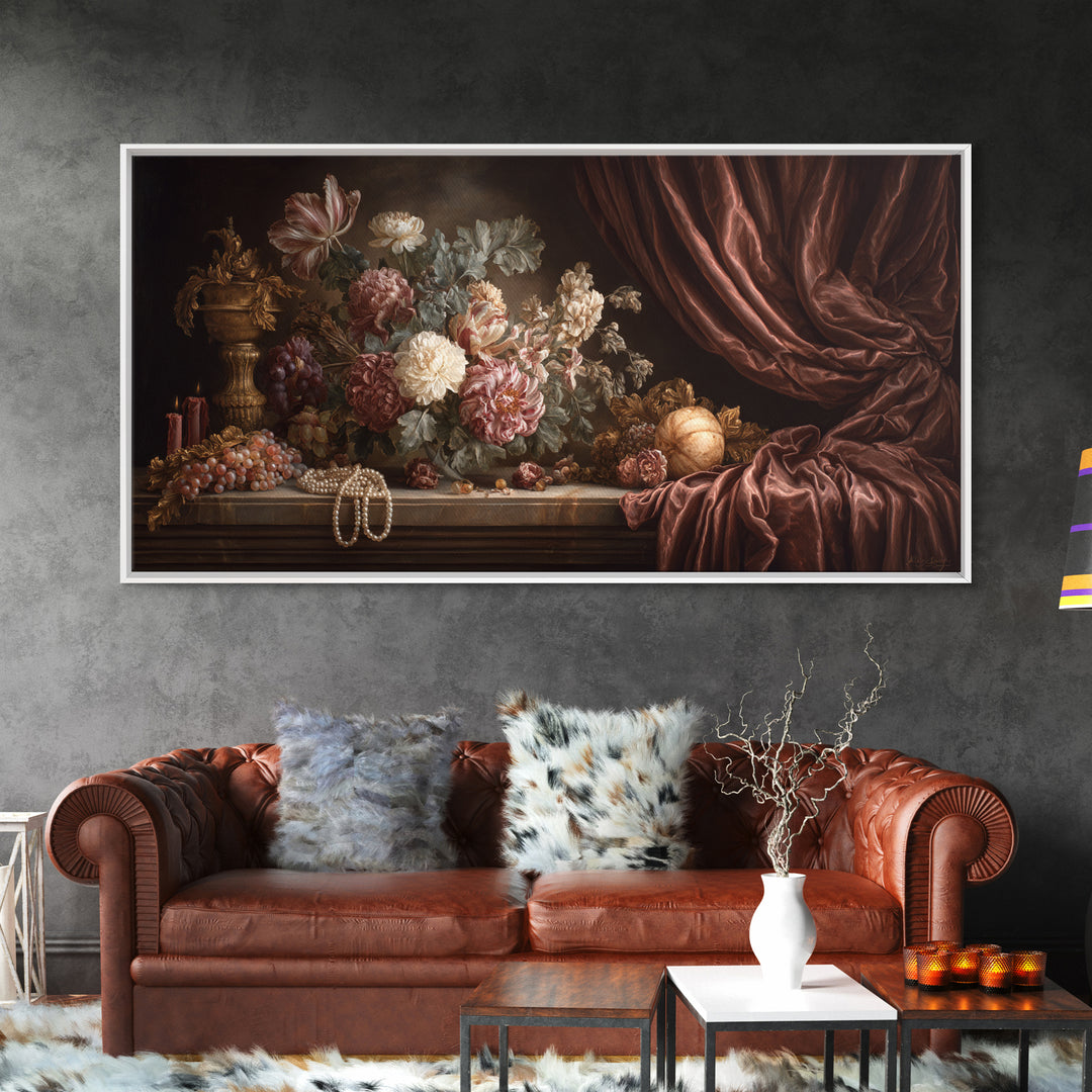 Velvet Drapery with Pearls Flowers and Candlelight Canvas Print, Baroque Art, Minimalist Wall Art, Living Room Decor, Ornate, BAO-2x1-71
