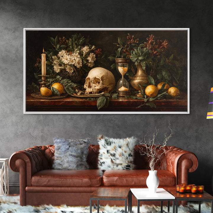 Skull and Hourglass Vanitas Still Life Canvas Print, Baroque Art, Luxury Decor, Living Room Decor, Ornate, Oil Painting, BAO-2x1-73