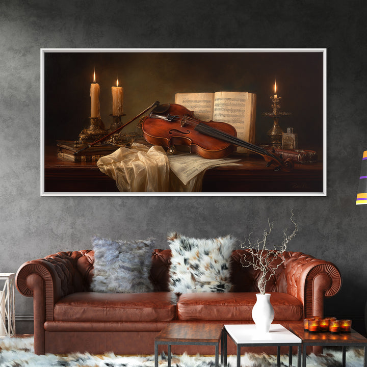 Baroque Violin and Sheet Music Still Life Framed Canvas Print, Baroque Art, Eclectic Wall Art, Living Room Decor, Ornate, BAO-2x1-79