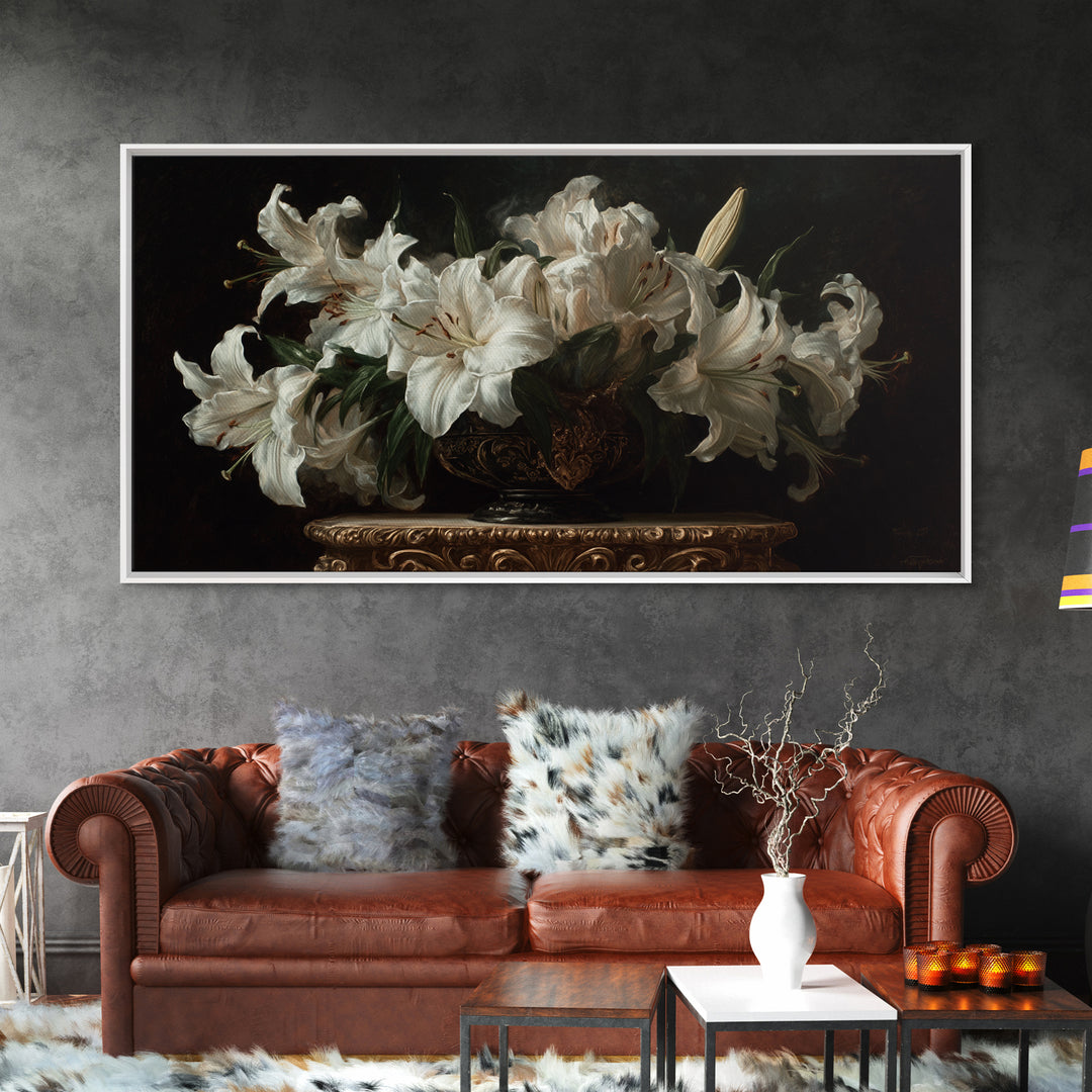 Dramatic White Lilies Framed Canvas Print, Baroque Art, Modern Wall Art, Living Room Decor, Fine Art, Ornate, Feminist Art, BAO-2x1-80
