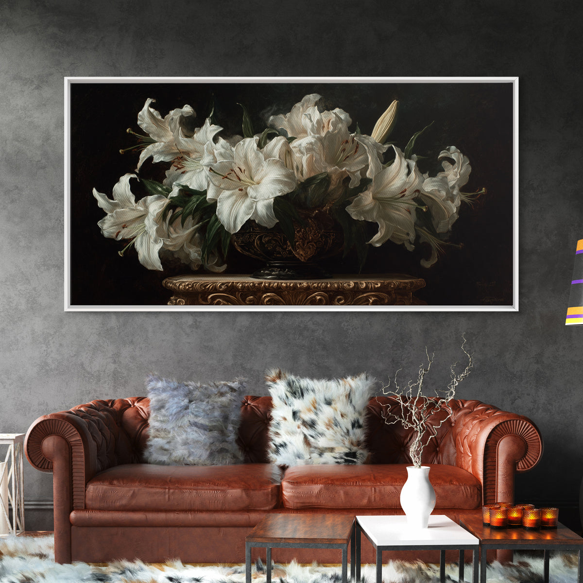Dramatic White Lilies Framed Canvas Print, Baroque Art, Modern Wall Art, Living Room Decor, Fine Art, Ornate, Feminist Art, BAO-2x1-80