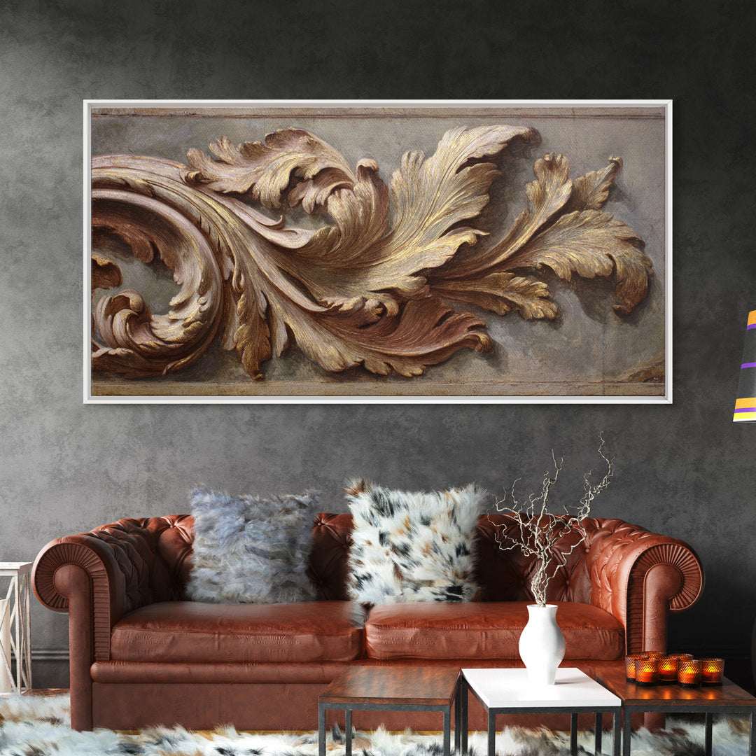 Carved Acanthus Leaf Ornament Study Framed Canvas Print, Baroque Art, Boho Decor, Living Room Decor, Oil Painting, Ornate, BAO-2x1-83