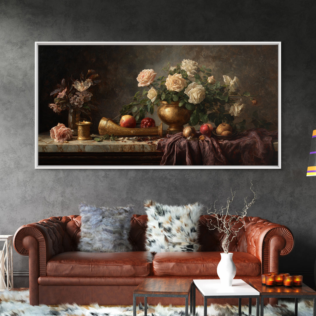 Golden Harp and Roses Framed Canvas Print, Baroque Art, Boho Decor, Living Room Decor, Fine Art, Ornate, Printable Wall Art, BAO-2x1-86