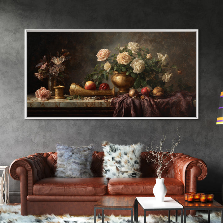 Golden Harp and Roses Framed Canvas Print, Baroque Art, Boho Decor, Living Room Decor, Fine Art, Ornate, Printable Wall Art, BAO-2x1-86