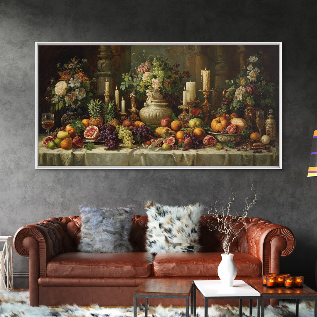 Lavish Banquet Fruit Composition Framed Canvas Print, Baroque Art, Whimsical Decor, Living Room Decor, Fine Art, Ornate, BAO-2x1-88