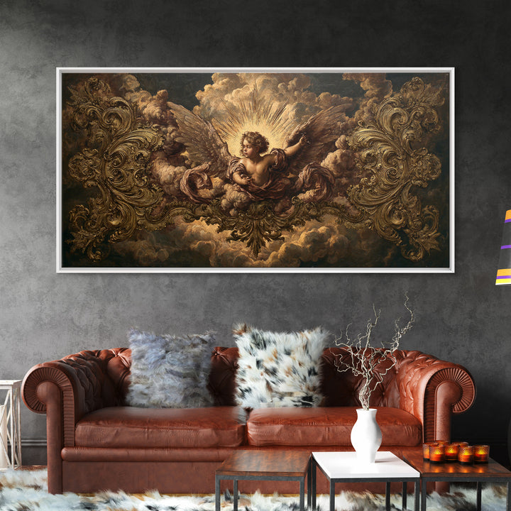Ornate Cherub Figure Surrounded by Clouds and Canvas Print, Baroque Art, Luxury Decor, Living Room Decor, Fine Art, Ornate, BAO-2x1-94