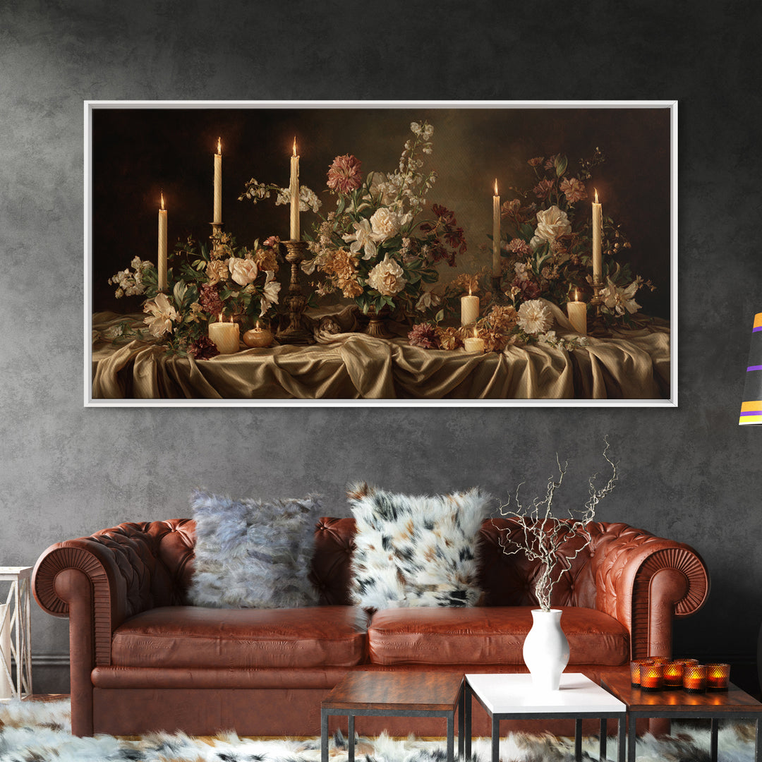 Velvet Drapery with Pearls Flowers and Candlelight Canvas Print, Baroque Art, Maximalist Decor, Living Room Decor, Ornate, BAO-2x1-95