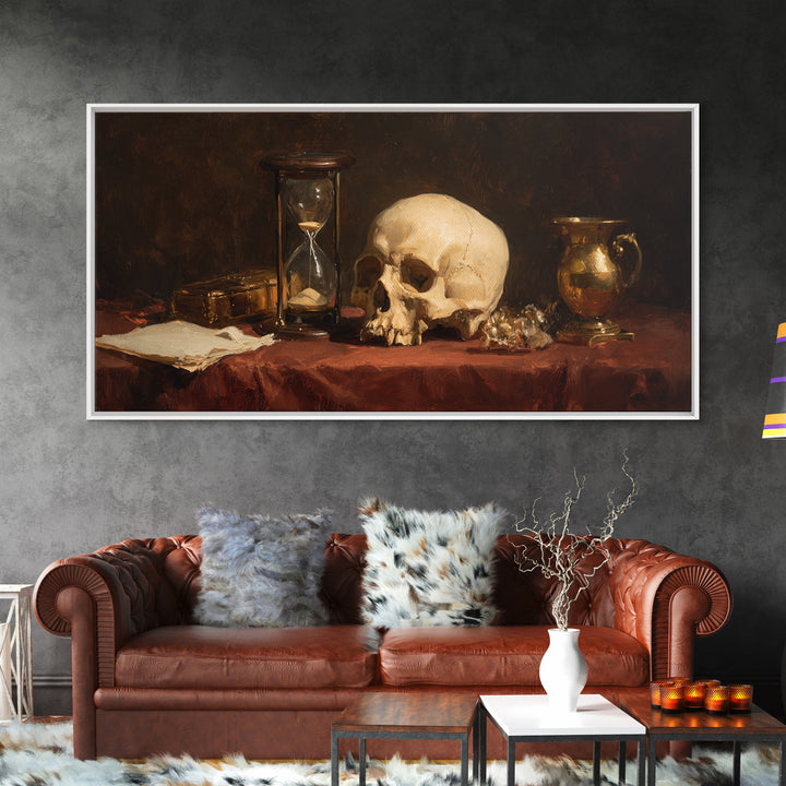 Skull and Hourglass Vanitas Still Life Framed Canvas Print, Baroque Art, Contemporary Art, Living Room Decor, Fine Art, Ornate, BAO-2x1-97