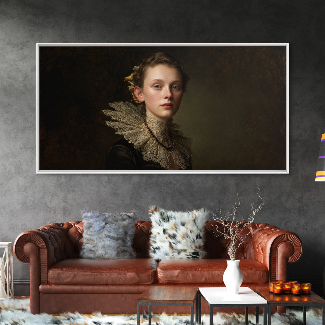 Classical Portrait with Lace Collar and Jewel Framed Canvas Print, Baroque Art, Oil Painting, Living Room Decor, Ornate, BAO-2x1-99