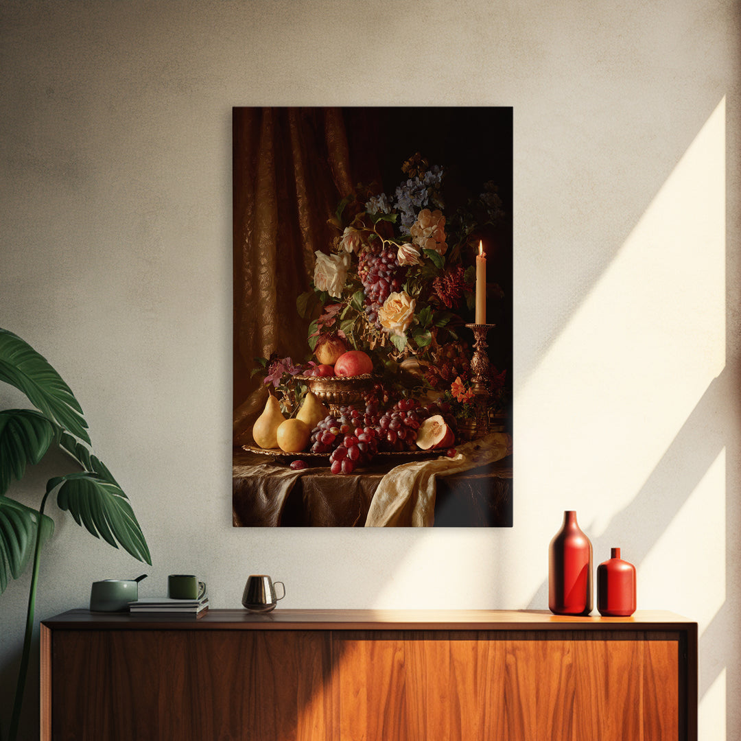 Lavish Banquet Fruit Composition Framed Canvas Print, Baroque Art, Eclectic Wall Art, Living Room Decor, Fine Art, Ornate, BAO-2x3-100