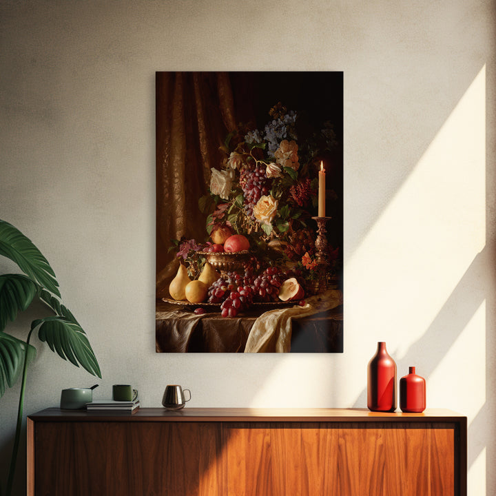 Lavish Banquet Fruit Composition Framed Canvas Print, Baroque Art, Eclectic Wall Art, Living Room Decor, Fine Art, Ornate, BAO-2x3-100