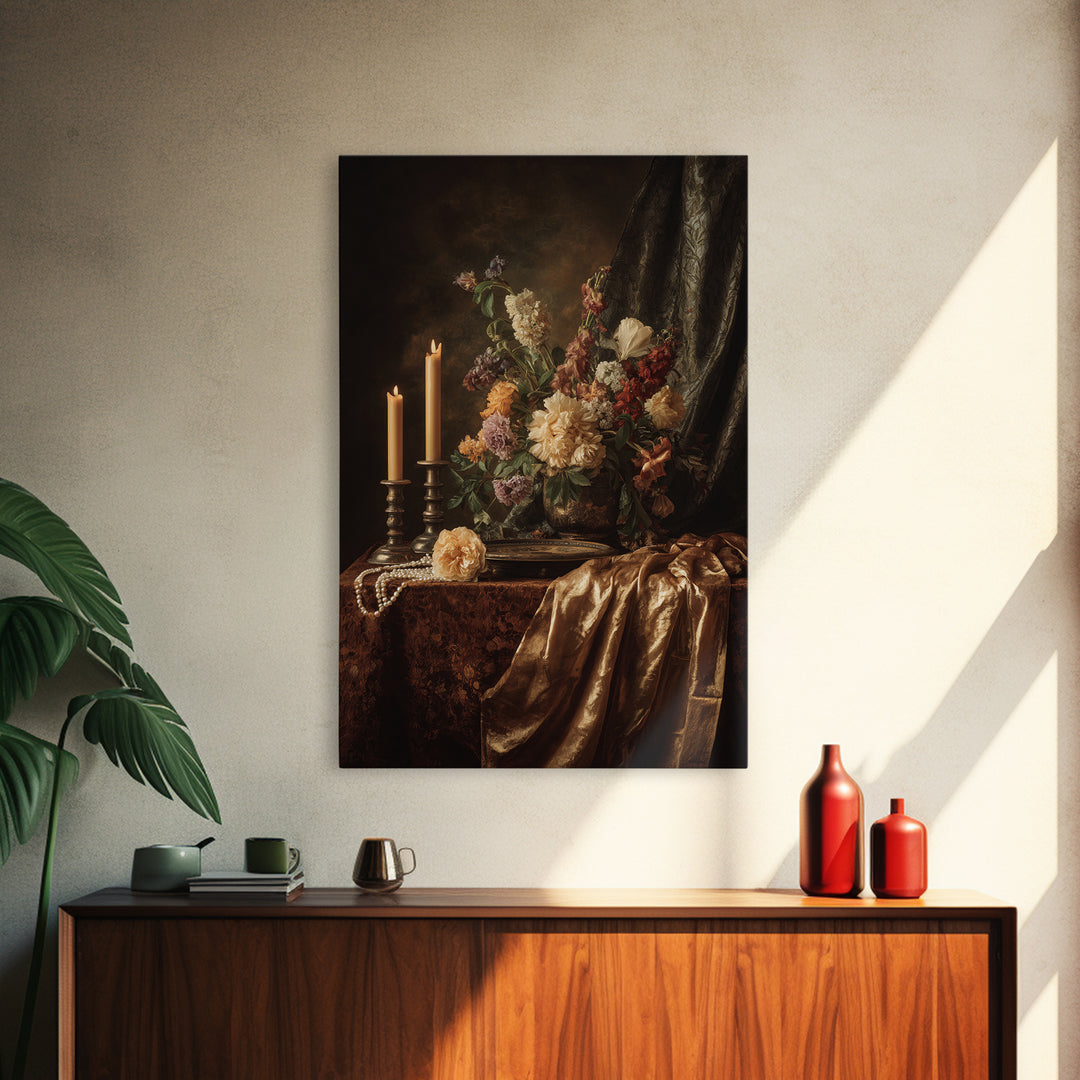 Velvet Drapery with Pearls Flowers and Candlelight Canvas Print, Baroque Art, Printable Art, Living Room Decor, Ornate, BAO-2x3-11