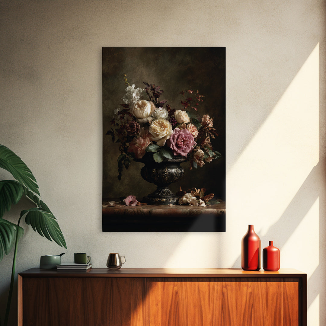 Dark Floral Arrangement Framed Canvas Print, Baroque Art, Feminist Art, Living Room Decor, Fine Art, Ornate, Luxury Decor, BAO-2x3-12
