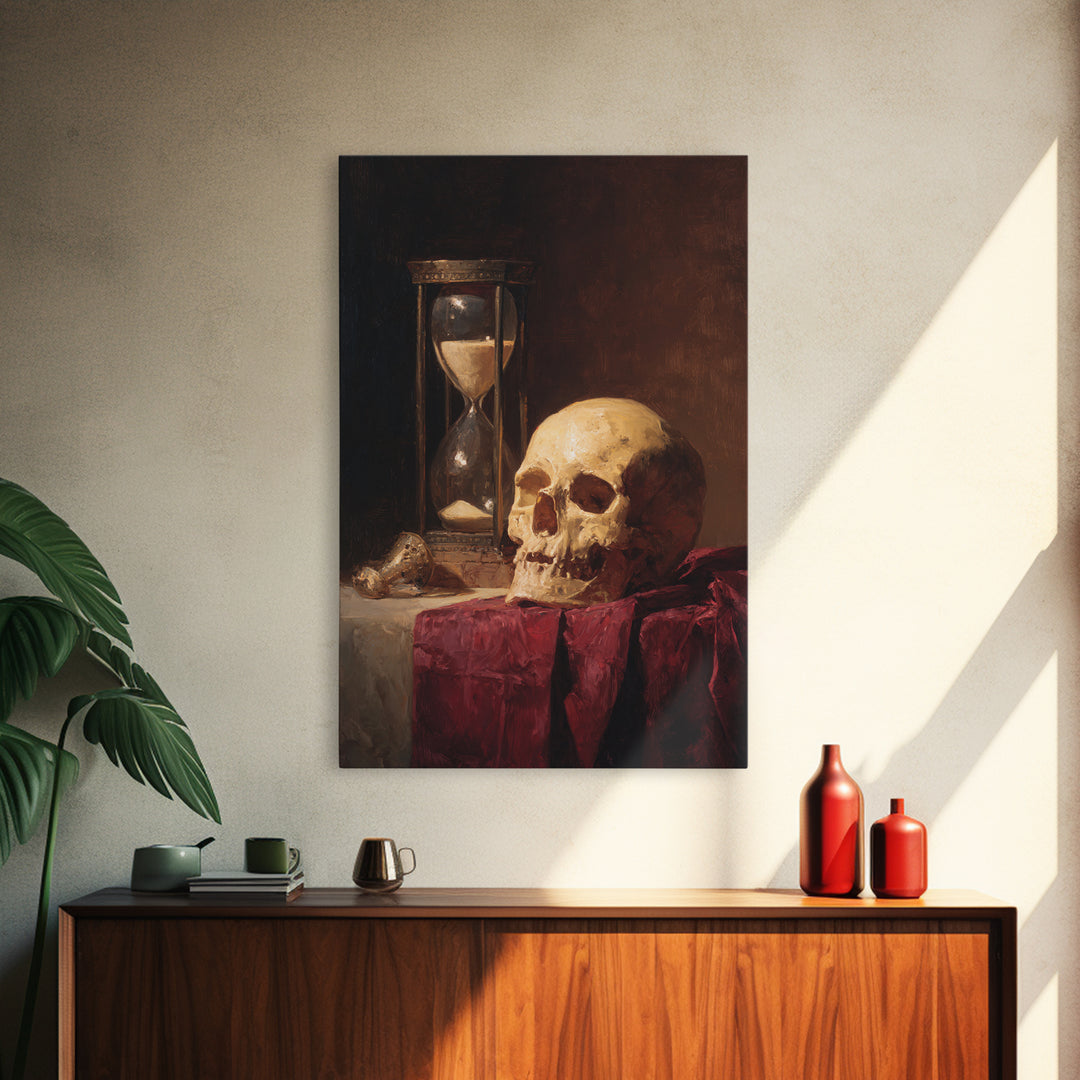 Skull and Hourglass Vanitas Still Life Framed Canvas Print, Baroque Art, Neutral Decor, Living Room Decor, Fine Art, Ornate, BAO-2x3-13