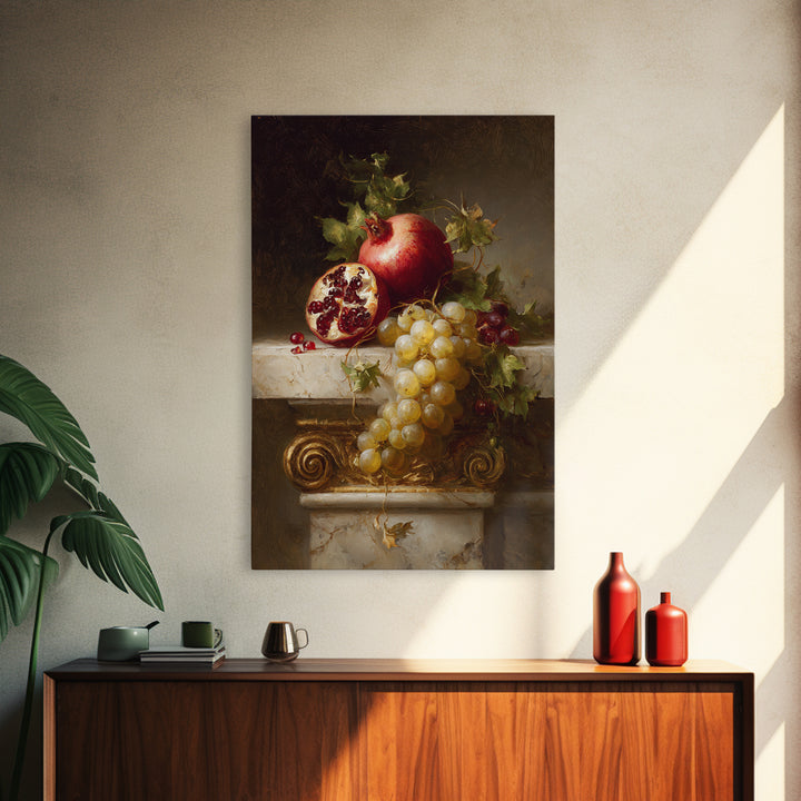 Pomegranate and Grapes on a Marble Ledge Canvas Print, Baroque Art, Printable Wall Art, Living Room Decor, Fine Art, Ornate, BAO-2x3-16