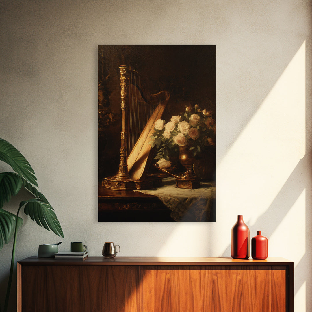 Golden Harp and Roses Framed Canvas Print, Baroque Art, Maximalist Wall Art, Living Room Decor, Abstract Art, Ornate, BAO-2x3-2