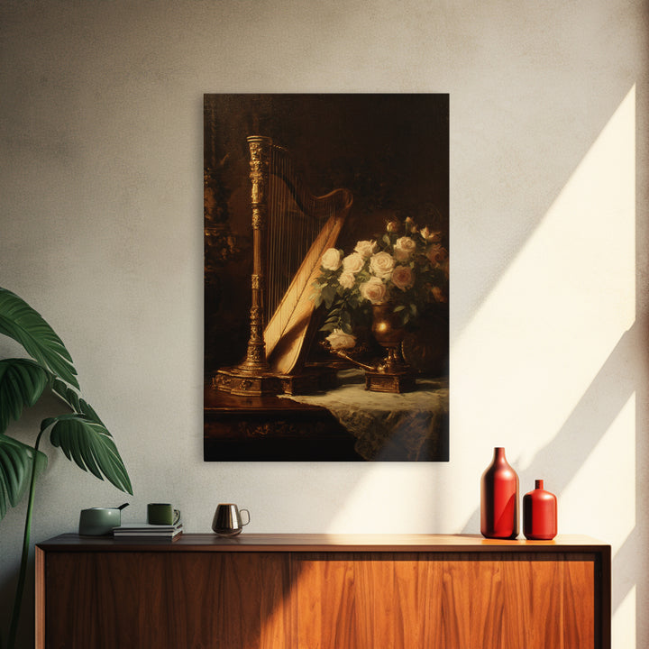 Golden Harp and Roses Framed Canvas Print, Baroque Art, Maximalist Wall Art, Living Room Decor, Abstract Art, Ornate, BAO-2x3-2