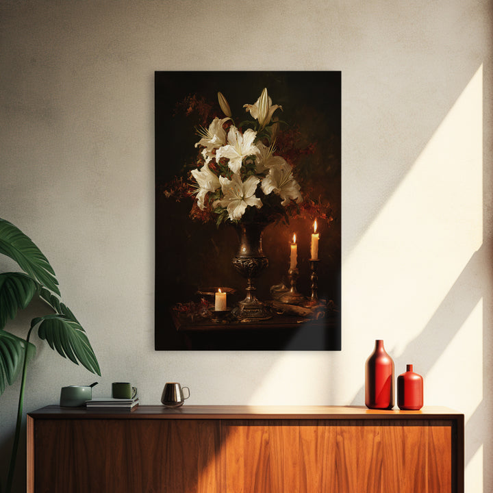 Dramatic White Lilies Framed Canvas Print, Baroque Art, Modern Decor, Living Room Decor, Oil Painting, Ornate, Poster, BAO-2x3-20