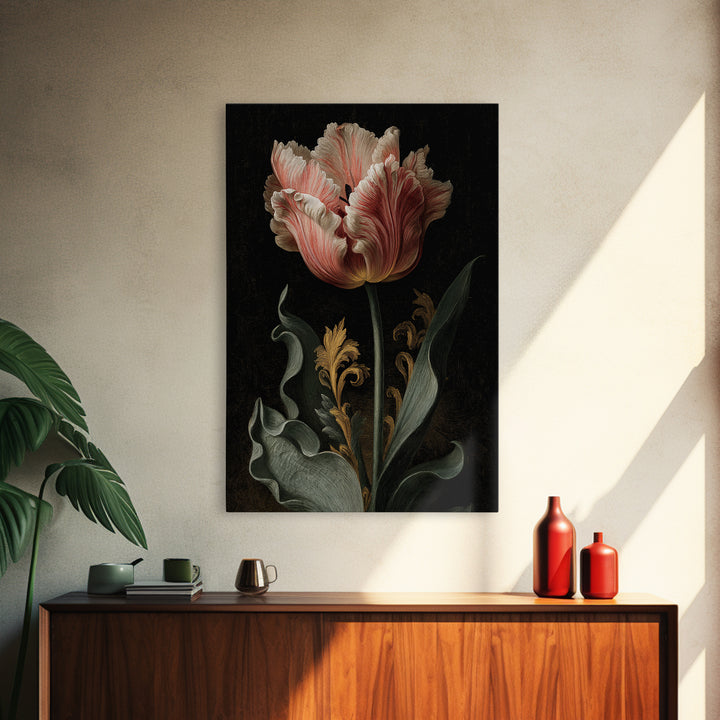Black Background Tulips Framed Canvas Print, Baroque Art, Oil Painting, Living Room Decor, Fine Art, Ornate, Eclectic Wall Art, BAO-2x3-24