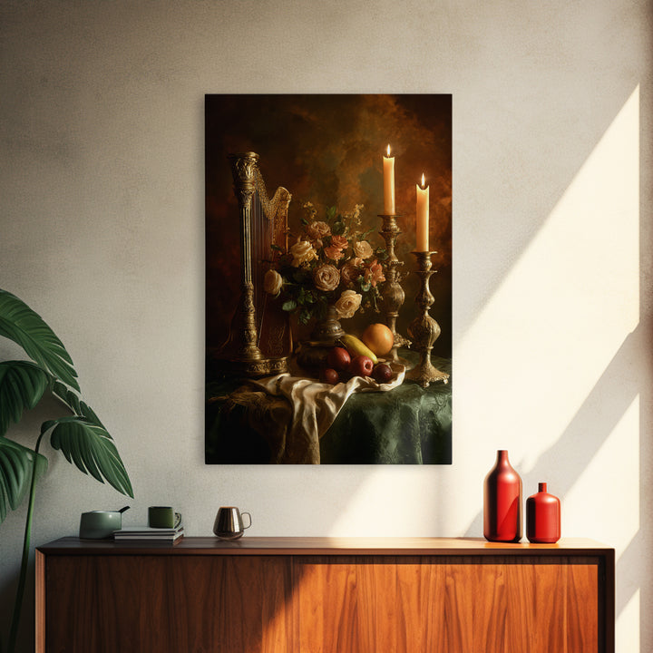 Golden Harp and Roses Framed Canvas Print, Baroque Art, Maximalist Wall Art, Living Room Decor, Abstract Art, Ornate, BAO-2x3-26