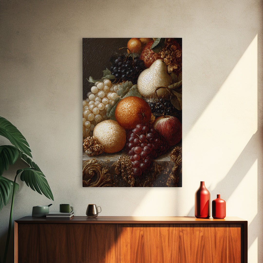 Lavish Banquet Fruit Composition Framed Canvas Print, Baroque Art, Textured Painting, Living Room Decor, Fine Art, Ornate, BAO-2x3-28
