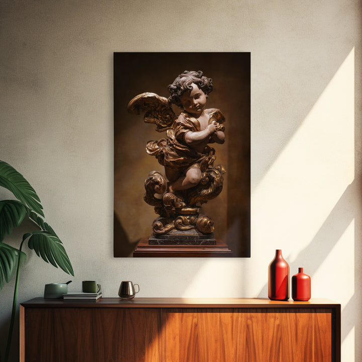Ornate Cherub Figure Surrounded by Clouds and Framed Canvas Print, Baroque Art, Neutral Decor, Living Room Decor, Oil Painting, BAO-2x3-34