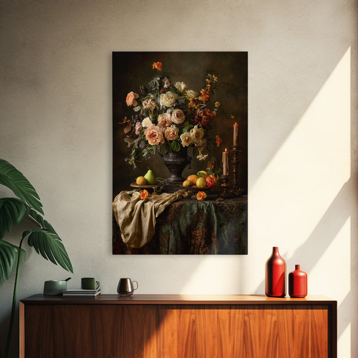 Dark Floral Arrangement Framed Canvas Print, Baroque Art, Decor, Living Room Decor, Fine Art, Ornate, Moody Wall Art, BAO-2x3-36
